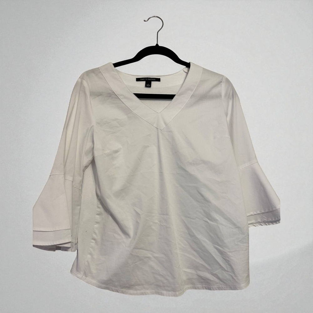 Zac & Rachel V-Neck Blouse Bell Sleeve White Professional Top Womens S